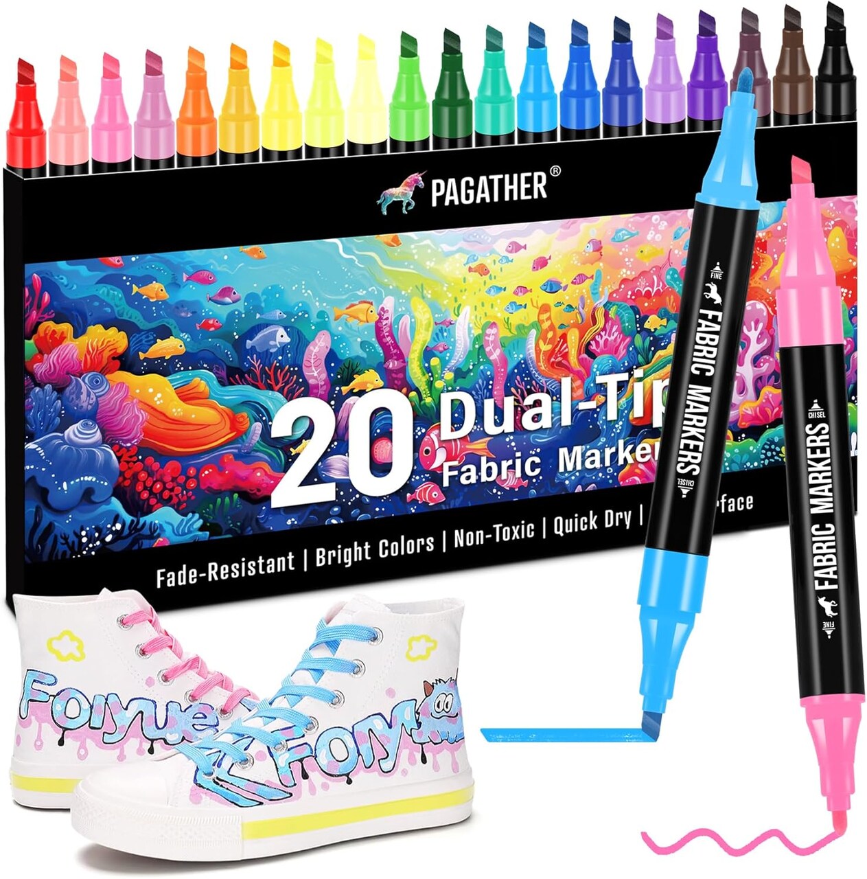 Fabric Markers Permanent for Clothes, 20 Colors Dual Tip with Fine and Chisel Tips Paint Pens for Clothing Canvas Tote Bags T-Shirt and Shoes, Non Toxic Ink for Kids and Adults